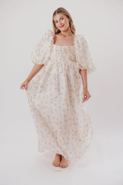 Melody Maxi Dress with Pleats and Bow Detail in Yellow Rose Floral - Bump Friendly & Inclusive Sizing (S-3XL)