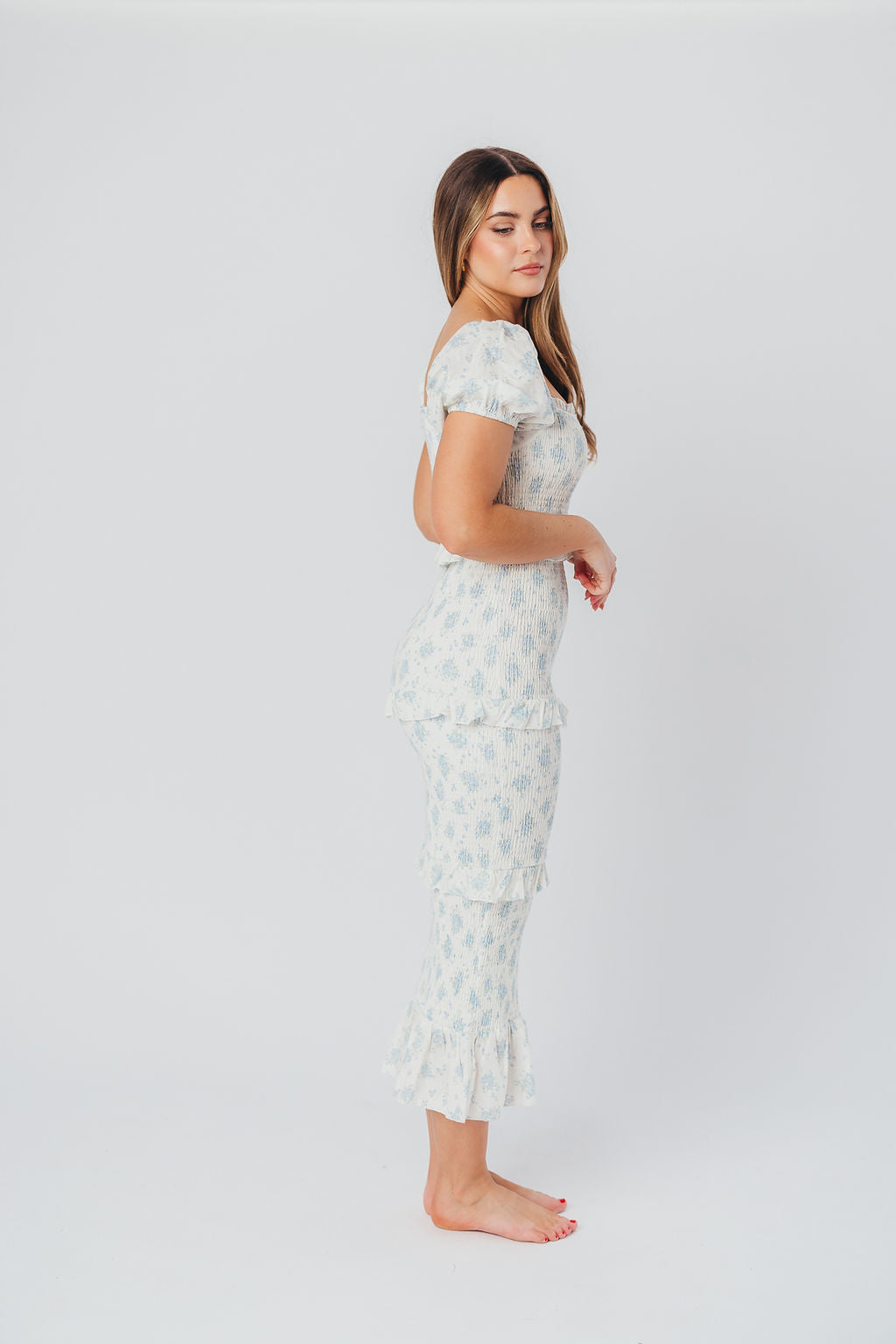 Ada Smocked Dress in Blue Floral- Bump Friendly & Inclusive Sizing (S-3XL)