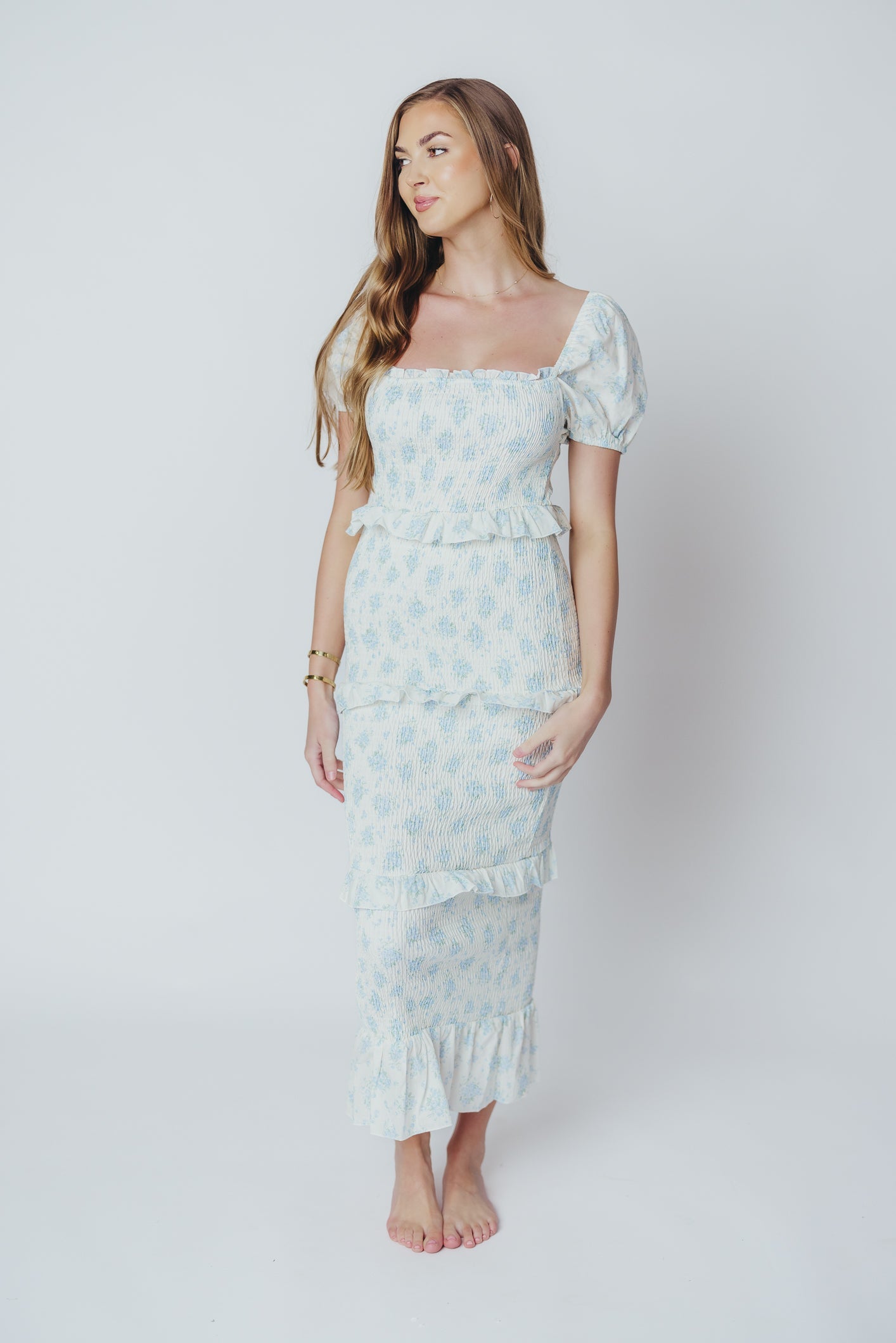 Ada Smocked Dress in Blue Floral- Bump Friendly & Inclusive Sizing (S-3XL)