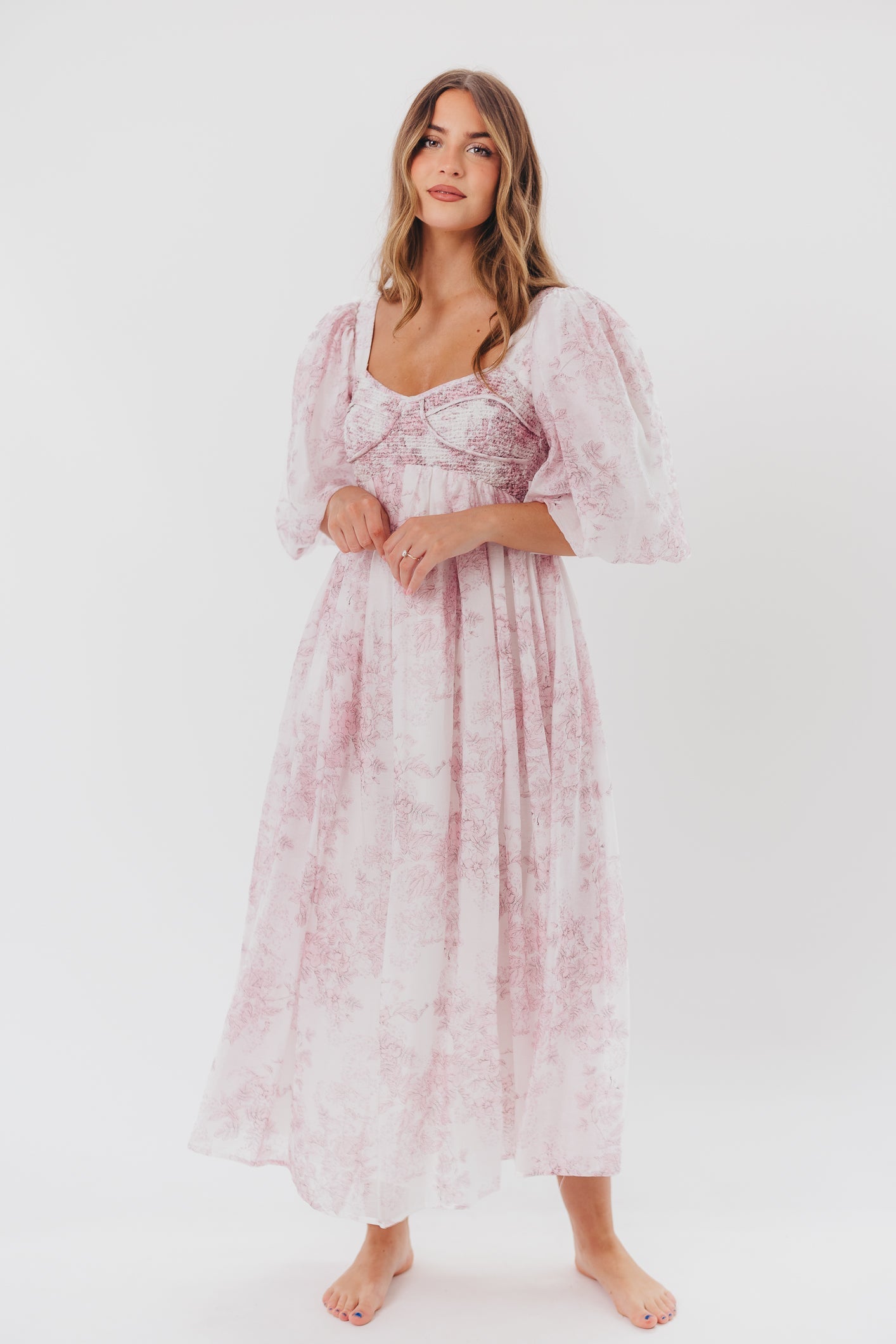 Harlow Midi Dress in Light Pink Floral - Bump Friendly & Inclusive Sizing (S-3XL)