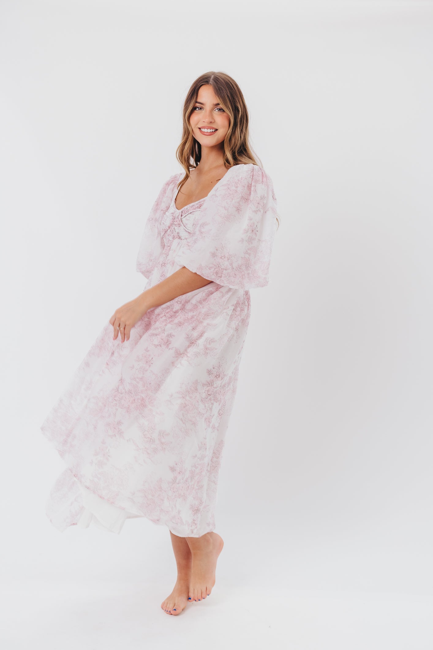 Harlow Midi Dress in Light Pink Floral - Bump Friendly & Inclusive Sizing (S-3XL)