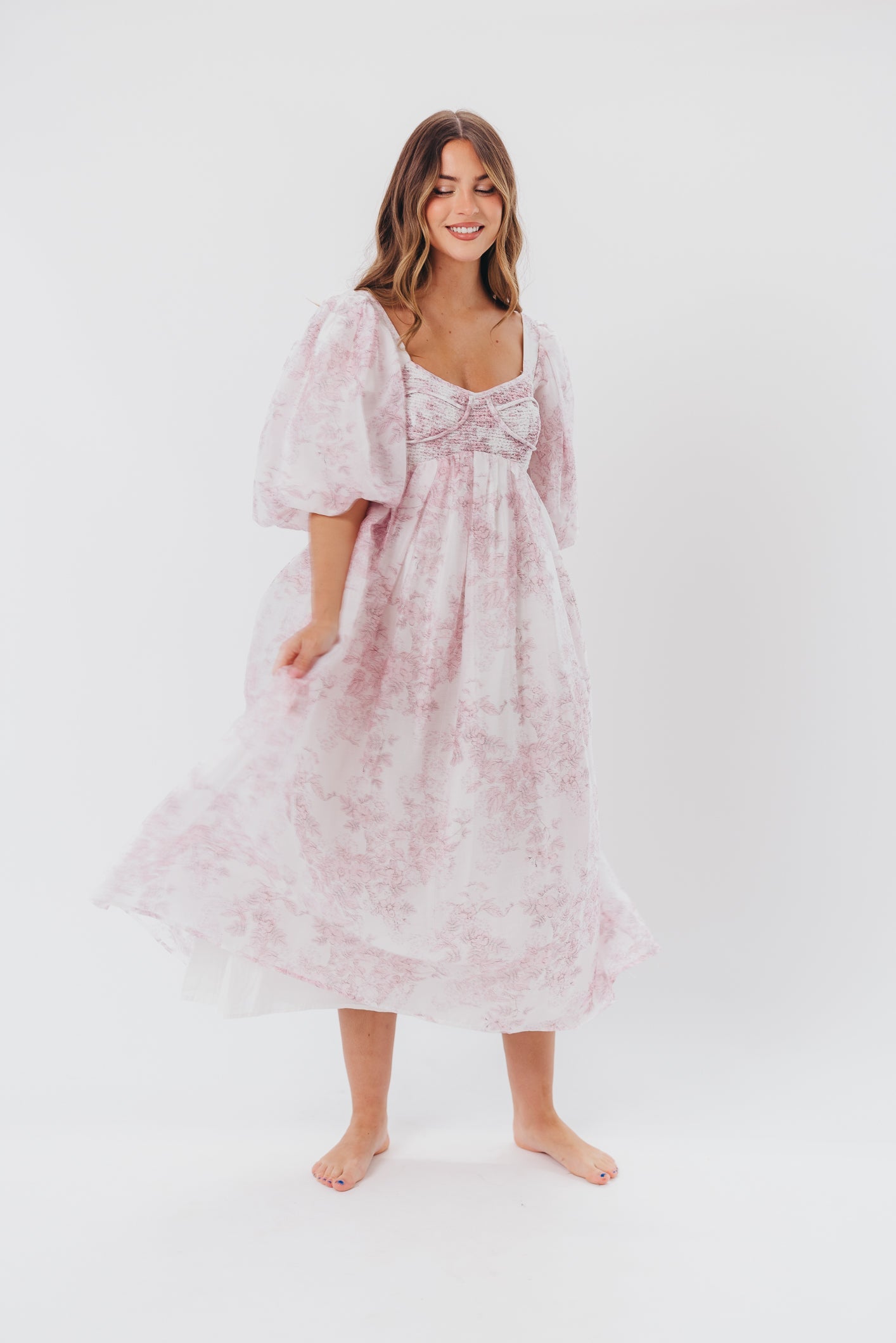 Harlow Midi Dress in Light Pink Floral - Bump Friendly & Inclusive Sizing (S-3XL)