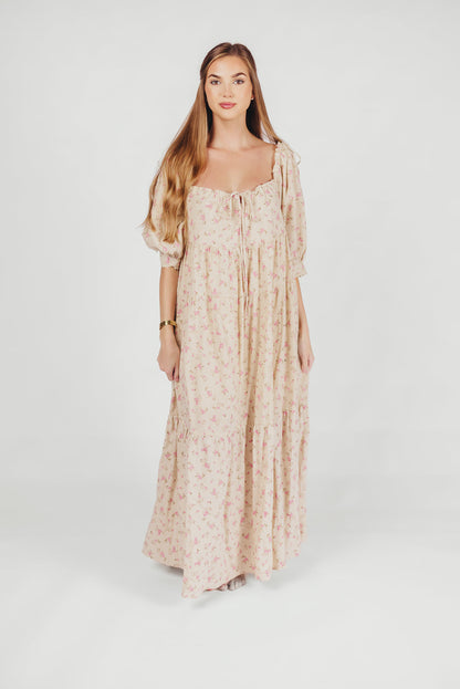 Cara 100% Cotton Maxi Dress in Pink/Brown Floral