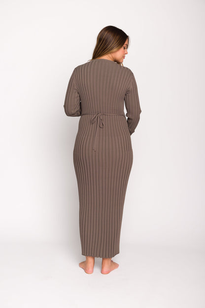 Colette Premium Long Sleeved Ribbed Knit Maxi Dress in Slate - Bump Friendly