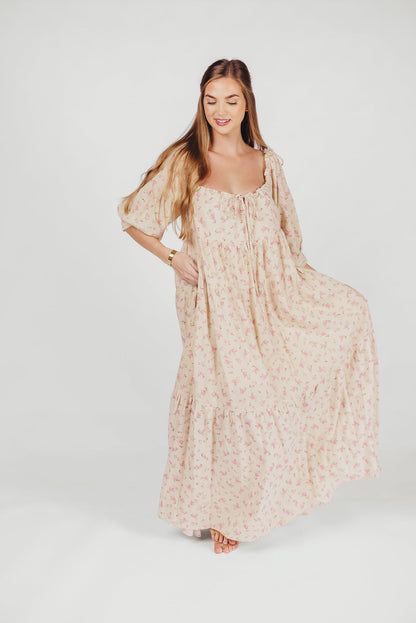 Cara 100% Cotton Maxi Dress in Pink/Brown Floral