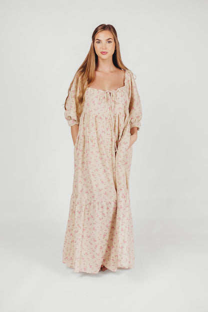 Cara 100% Cotton Maxi Dress in Pink/Brown Floral