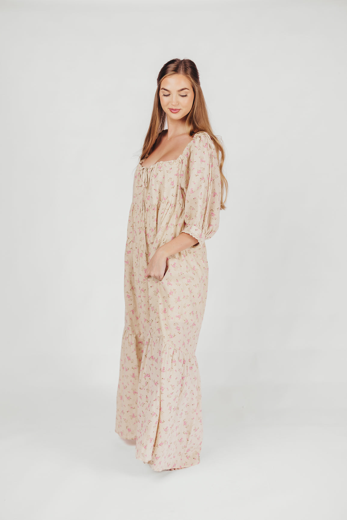 Cara 100% Cotton Maxi Dress in Pink/Brown Floral