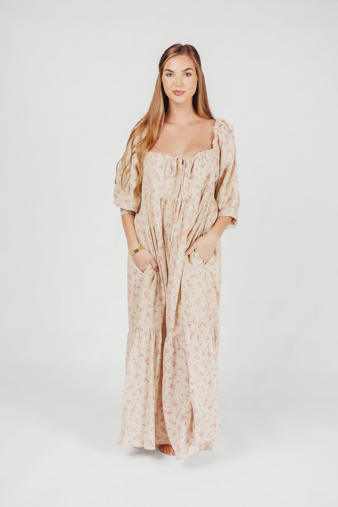 Cara 100% Cotton Maxi Dress in Pink/Brown Floral