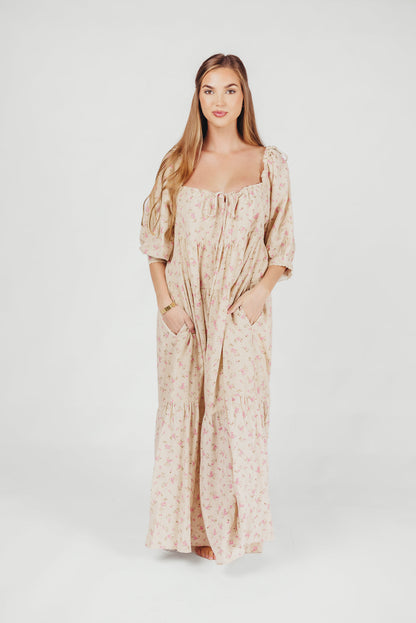 Cara 100% Cotton Maxi Dress in Pink/Brown Floral