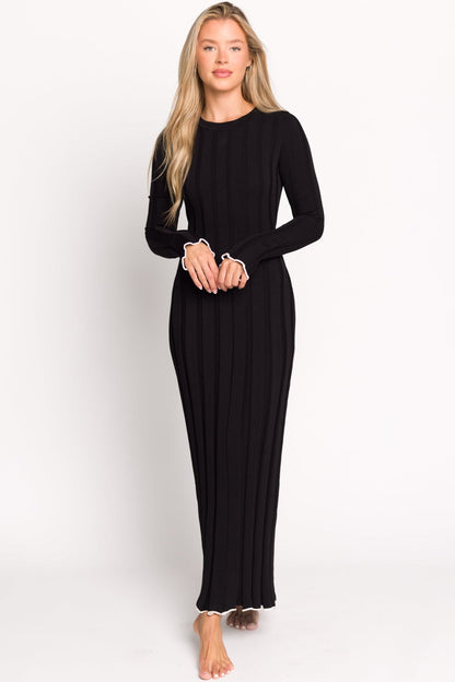 Bentley Ribbed Knit Maxi Dress in Black with White Trim - Bump Friendly