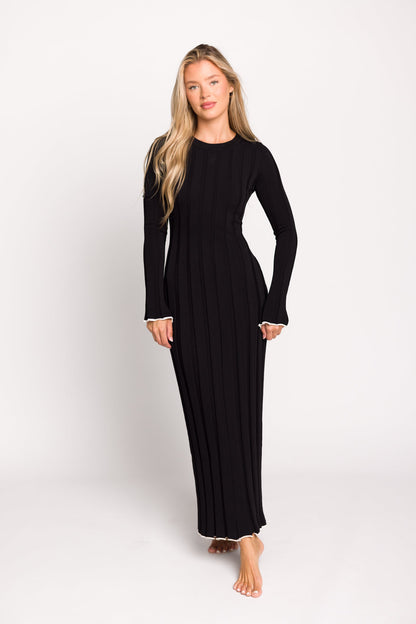 Bentley Ribbed Knit Maxi Dress in Black with White Trim - Bump Friendly