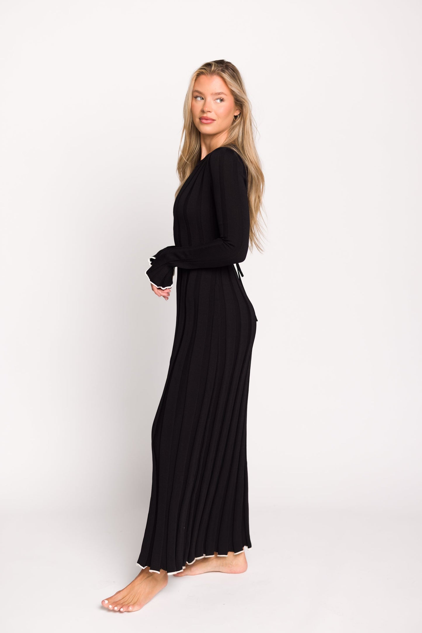 Bentley Ribbed Knit Maxi Dress in Black with White Trim - Bump Friendly