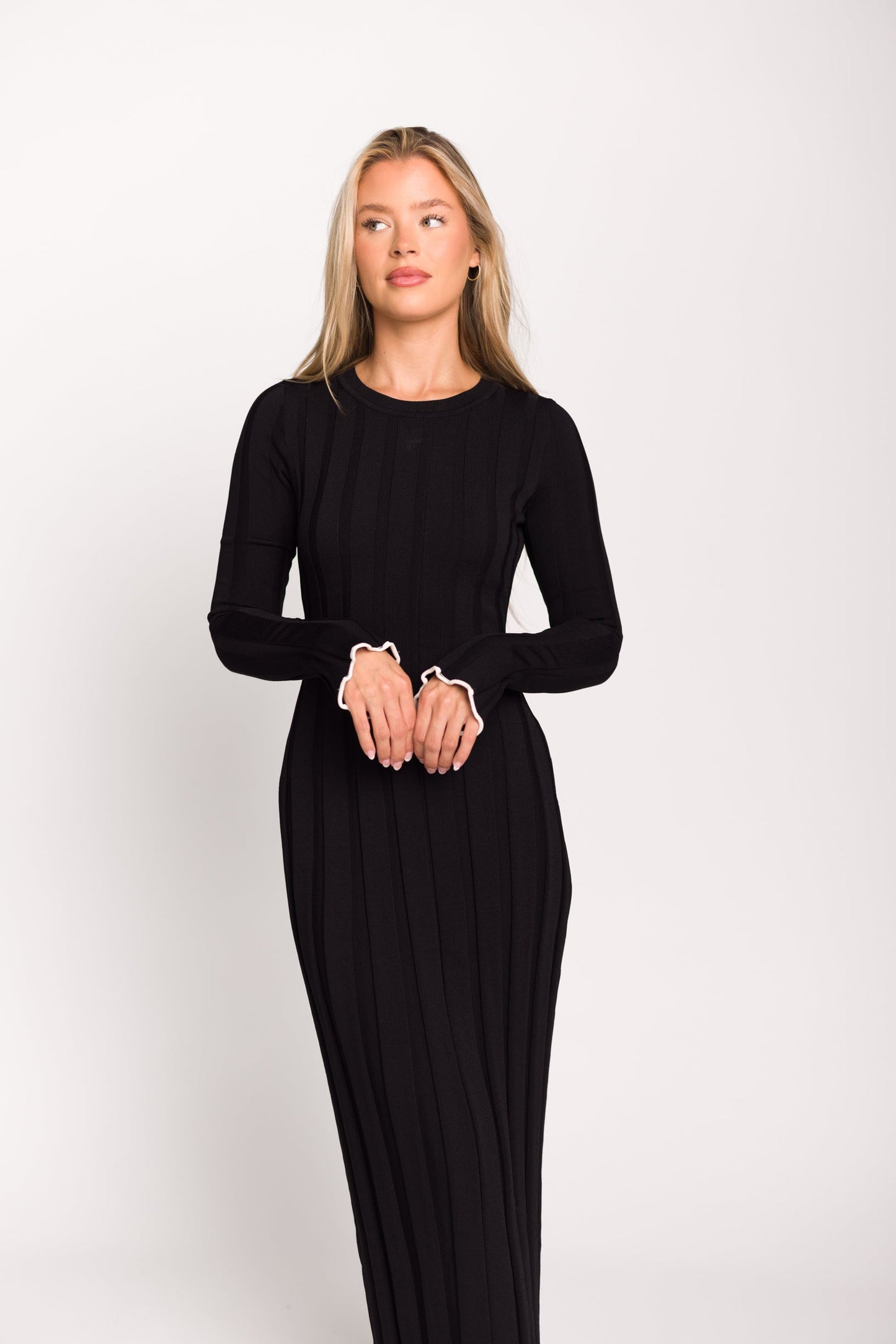 Bentley Ribbed Knit Maxi Dress in Black with White Trim - Bump Friendly