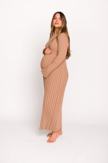 Colette Premium Long Sleeved Ribbed Knit Maxi Dress in Dark Natural - Bump Friendly