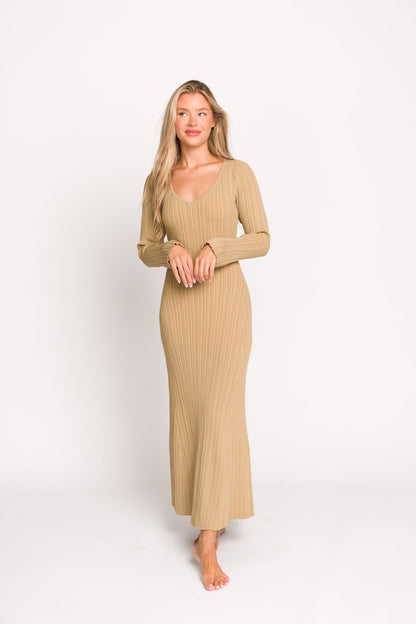 Keaton Knit Maxi Dress with V-Neckline in Beige