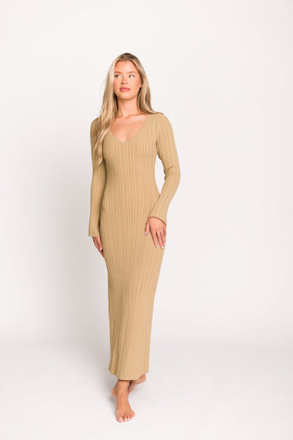Keaton Knit Maxi Dress with V-Neckline in Beige