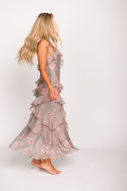 Amelia Ruffle Maxi Dress in Grey/Pink Floral