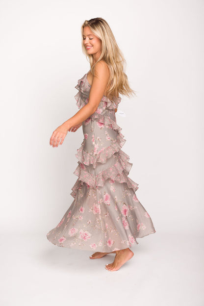 Amelia Ruffle Maxi Dress in Grey/Pink Floral