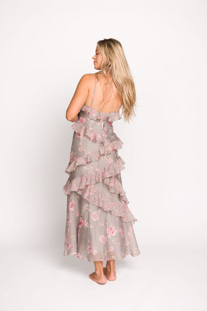 Amelia Ruffle Maxi Dress in Grey/Pink Floral