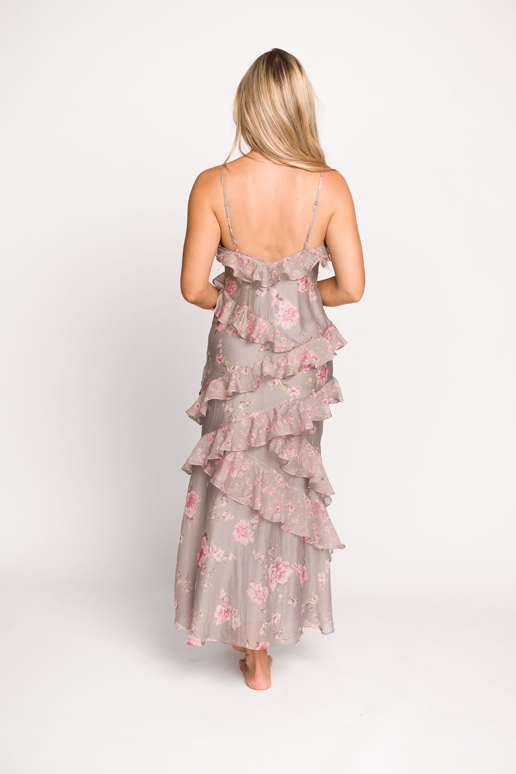 Amelia Ruffle Maxi Dress in Grey/Pink Floral