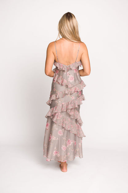 Amelia Ruffle Maxi Dress in Grey/Pink Floral