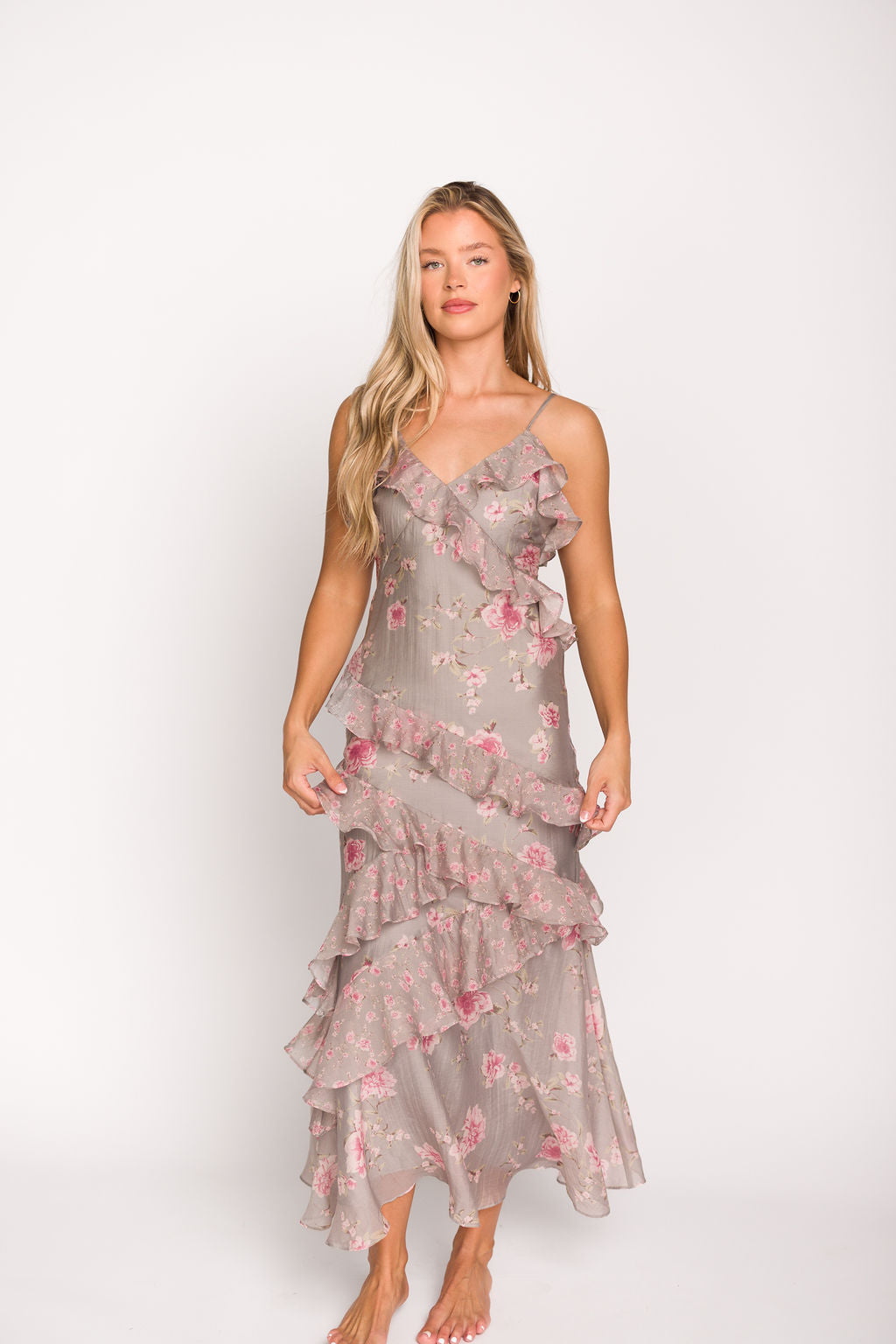 Amelia Ruffle Maxi Dress in Grey/Pink Floral