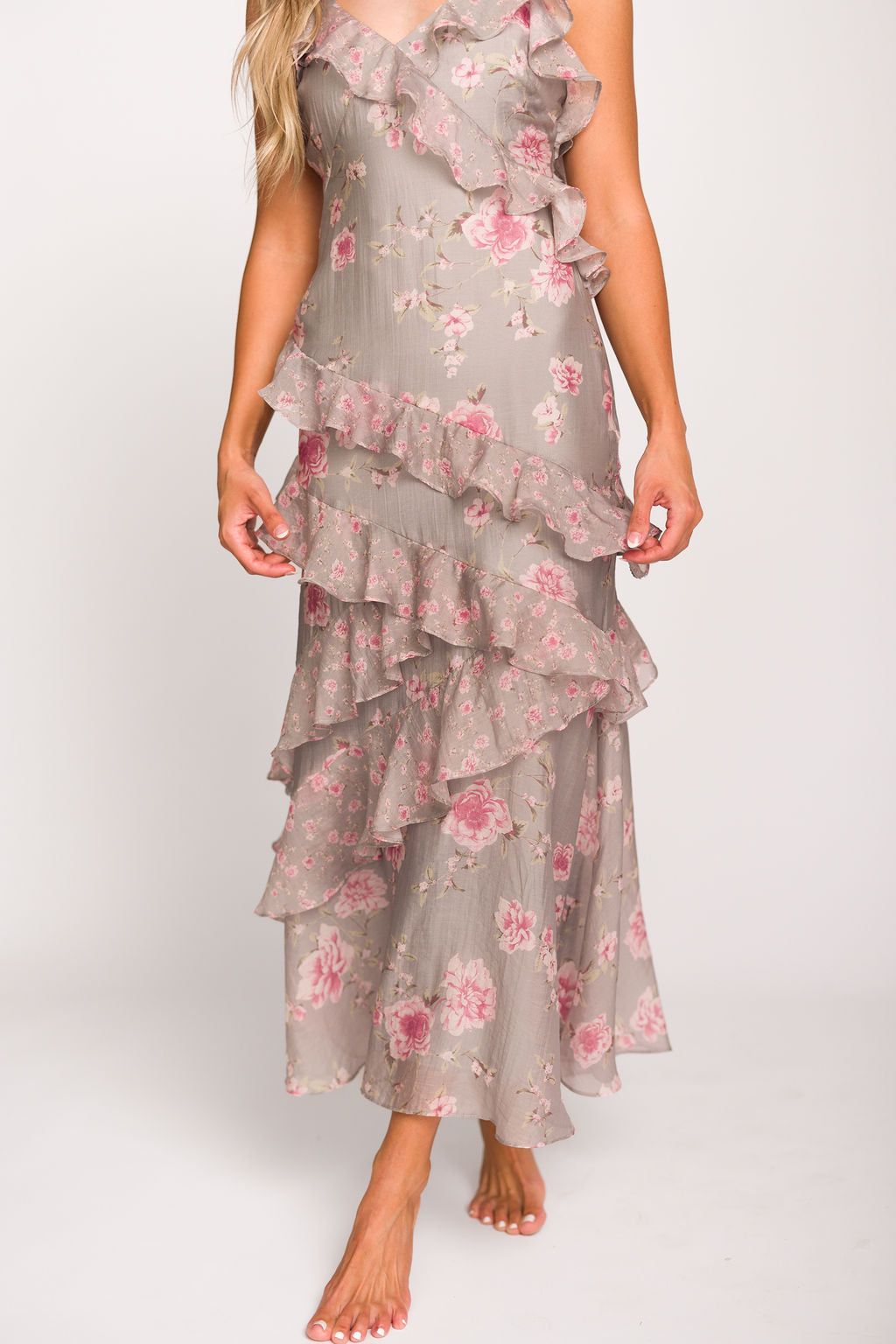 Amelia Ruffle Maxi Dress in Grey/Pink Floral