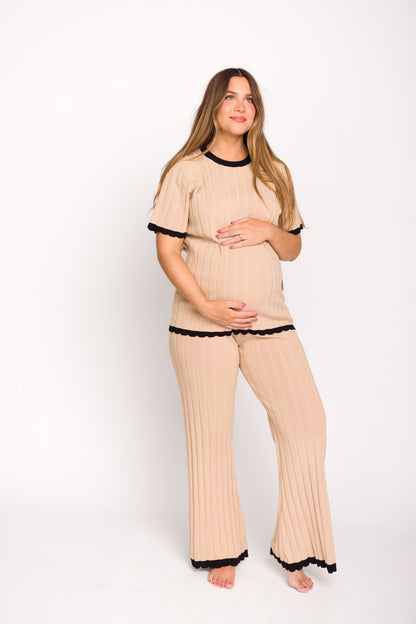 Adele Ribbed Knit Top and Pants Set in Light Taupe