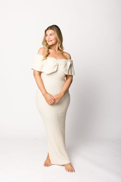 Aston Bow Front Maxi Sweater Dress in Ivory– Bump Friendly & Inclusive Sizing (S-3XL)
