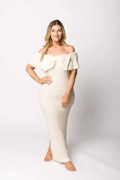 Aston Bow Front Maxi Sweater Dress in Ivory– Bump Friendly & Inclusive Sizing (S-3XL)
