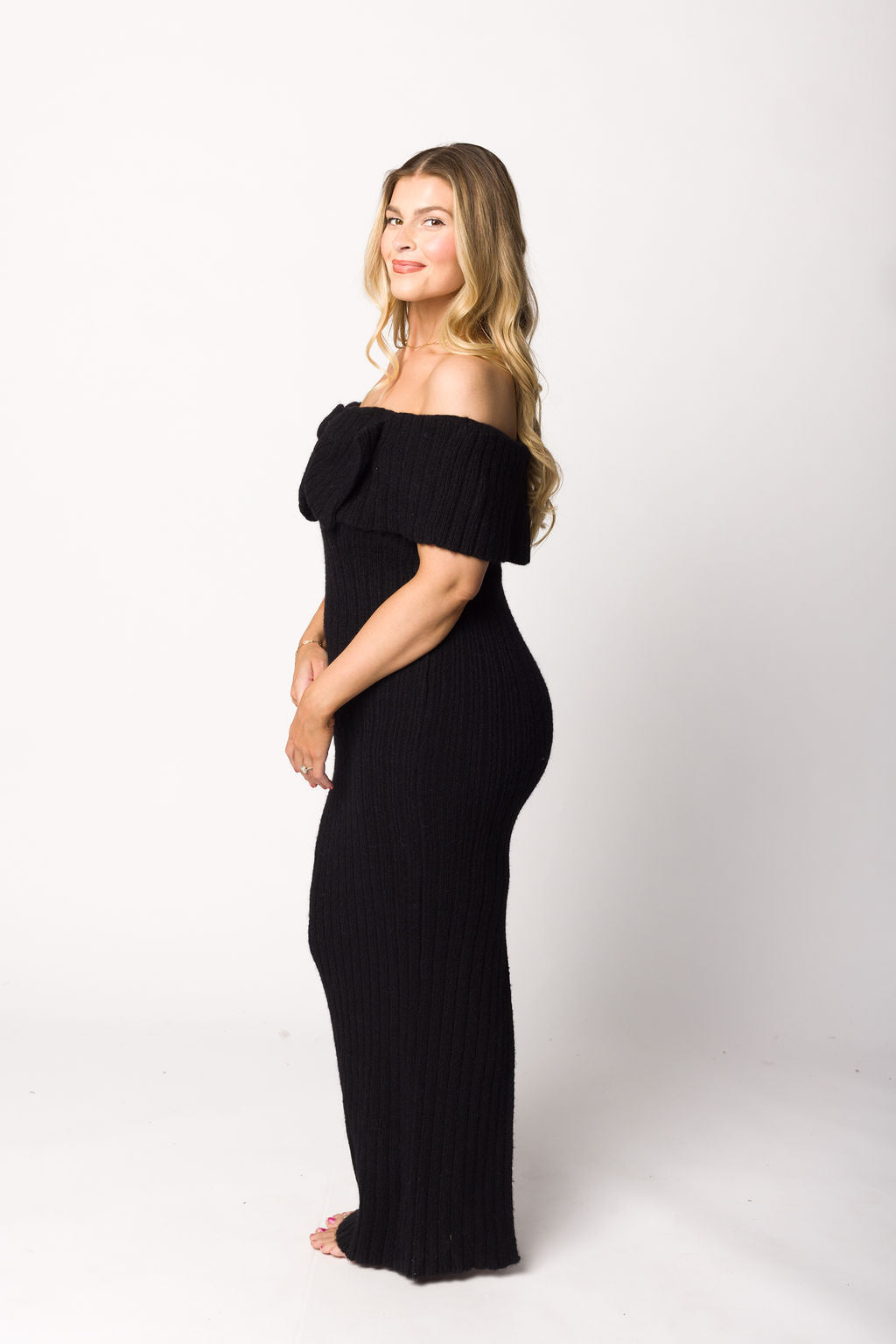 Aston Bow Front Maxi Sweater Dress in Black - Bump Friendly