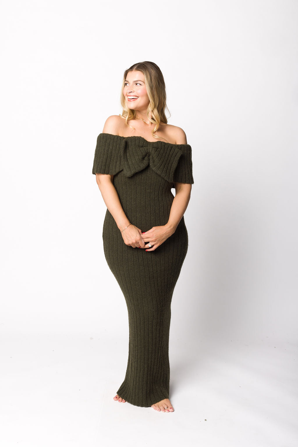 Aston Bow Front Maxi Sweater Dress in Dark Green - Bump Friendly
