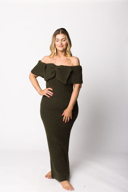 Aston Bow Front Maxi Sweater Dress in Dark Green - Bump Friendly