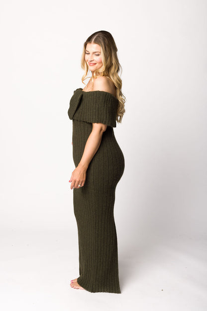 Aston Bow Front Maxi Sweater Dress in Dark Green - Bump Friendly