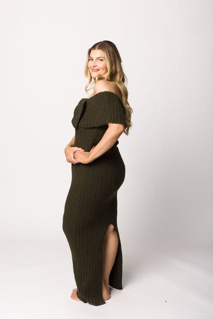 Aston Bow Front Maxi Sweater Dress in Dark Green - Bump Friendly