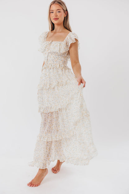 Astrid Ruffle Detail Maxi Dress in Yellow Floral  - Bump Friendly