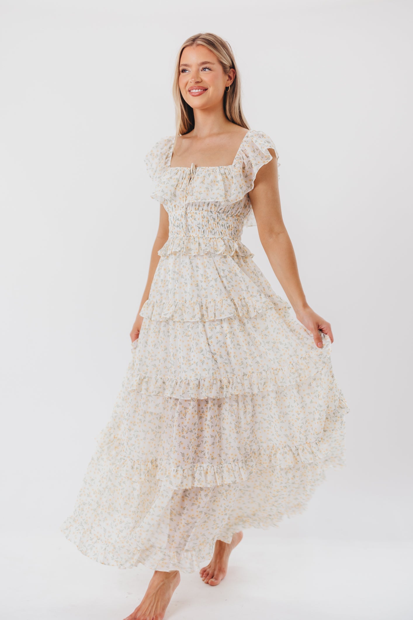 Astrid Ruffle Detail Maxi Dress in Yellow Floral  - Bump Friendly