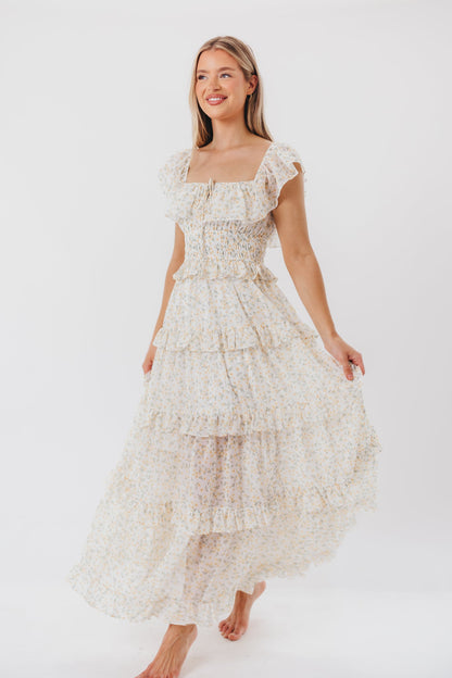 Astrid Ruffle Detail Maxi Dress in Yellow Floral  - Bump Friendly