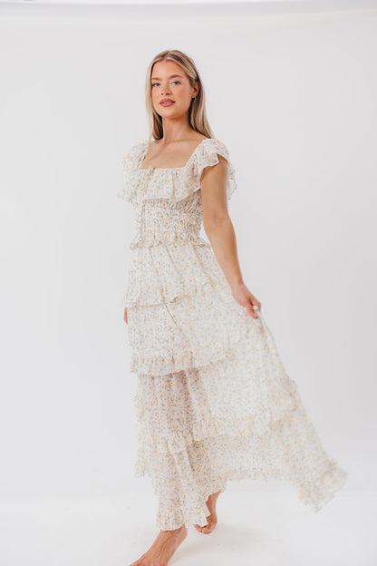 Astrid Ruffle Detail Maxi Dress in Yellow Floral  - Bump Friendly