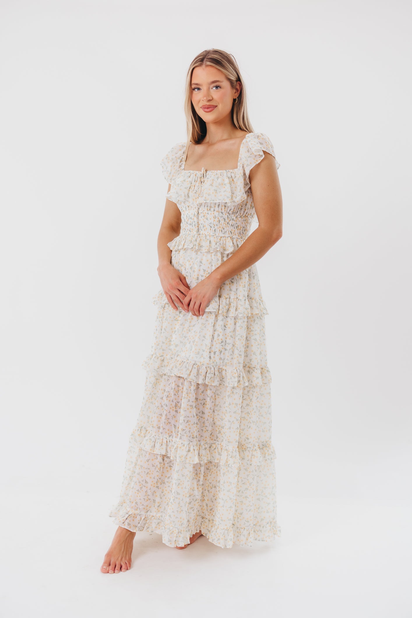Astrid Ruffle Detail Maxi Dress in Yellow Floral  - Bump Friendly