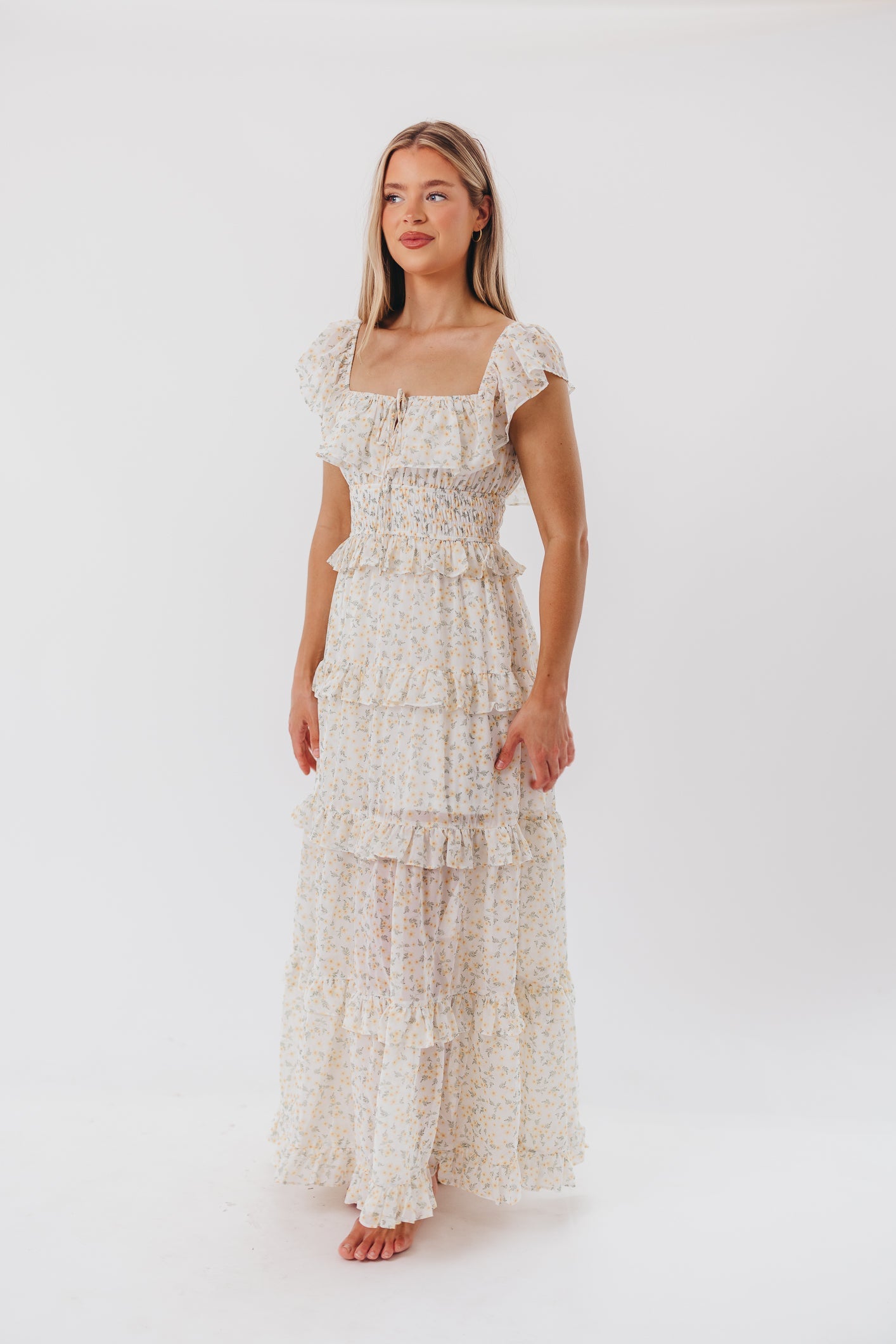 Astrid Ruffle Detail Maxi Dress in Yellow Floral  - Bump Friendly