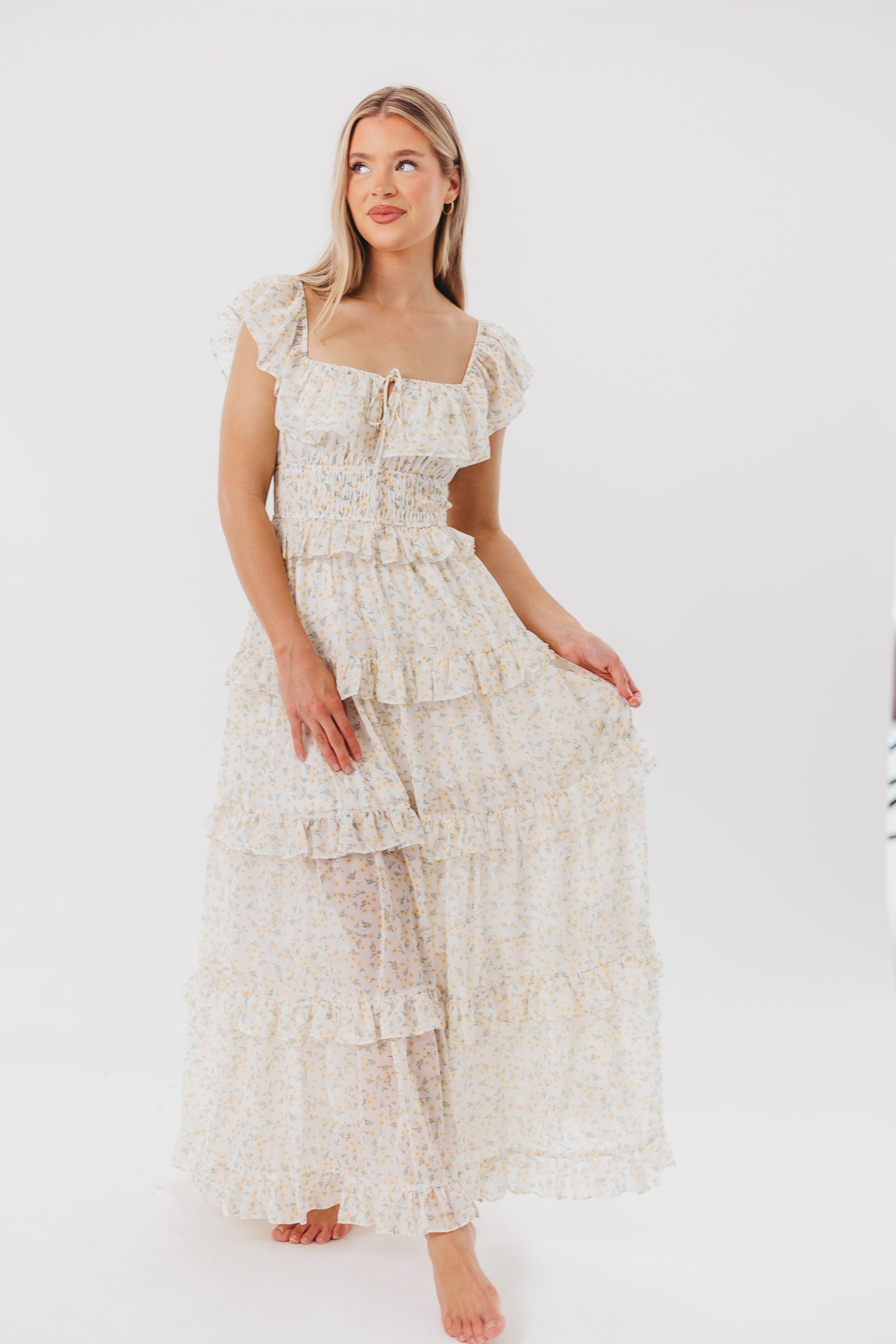 Astrid Ruffle Detail Maxi Dress in Yellow Floral  - Bump Friendly