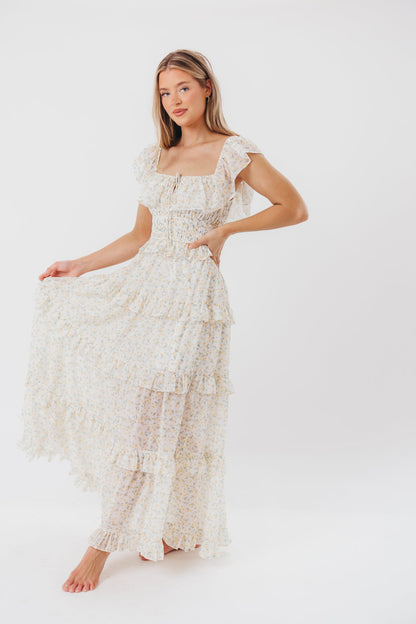 Astrid Ruffle Detail Maxi Dress in Yellow Floral  - Bump Friendly