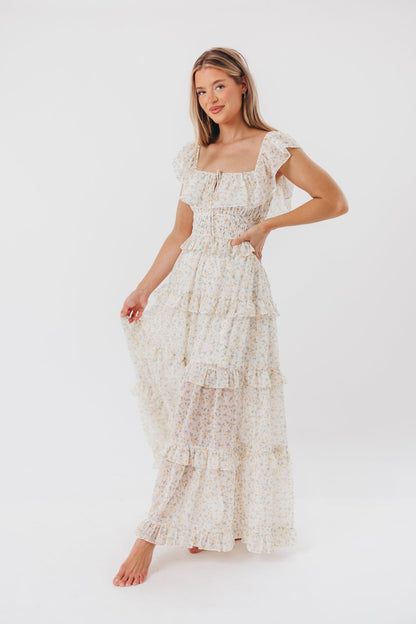 Astrid Ruffle Detail Maxi Dress in Yellow Floral  - Bump Friendly