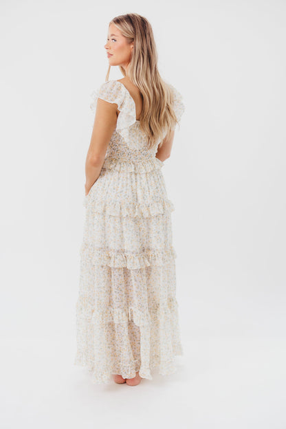 Astrid Ruffle Detail Maxi Dress in Yellow Floral  - Bump Friendly