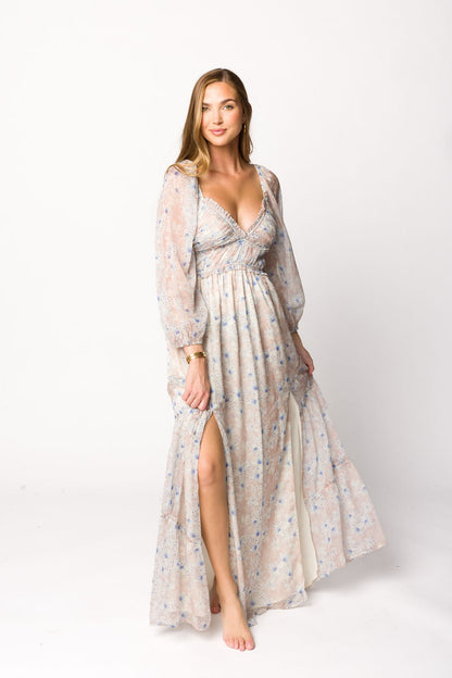 Daphne Long Sleeve Maxi Dress in Beige/Blue Floral - Bump Friendly & Inclusive Sizing (XS-3XL)