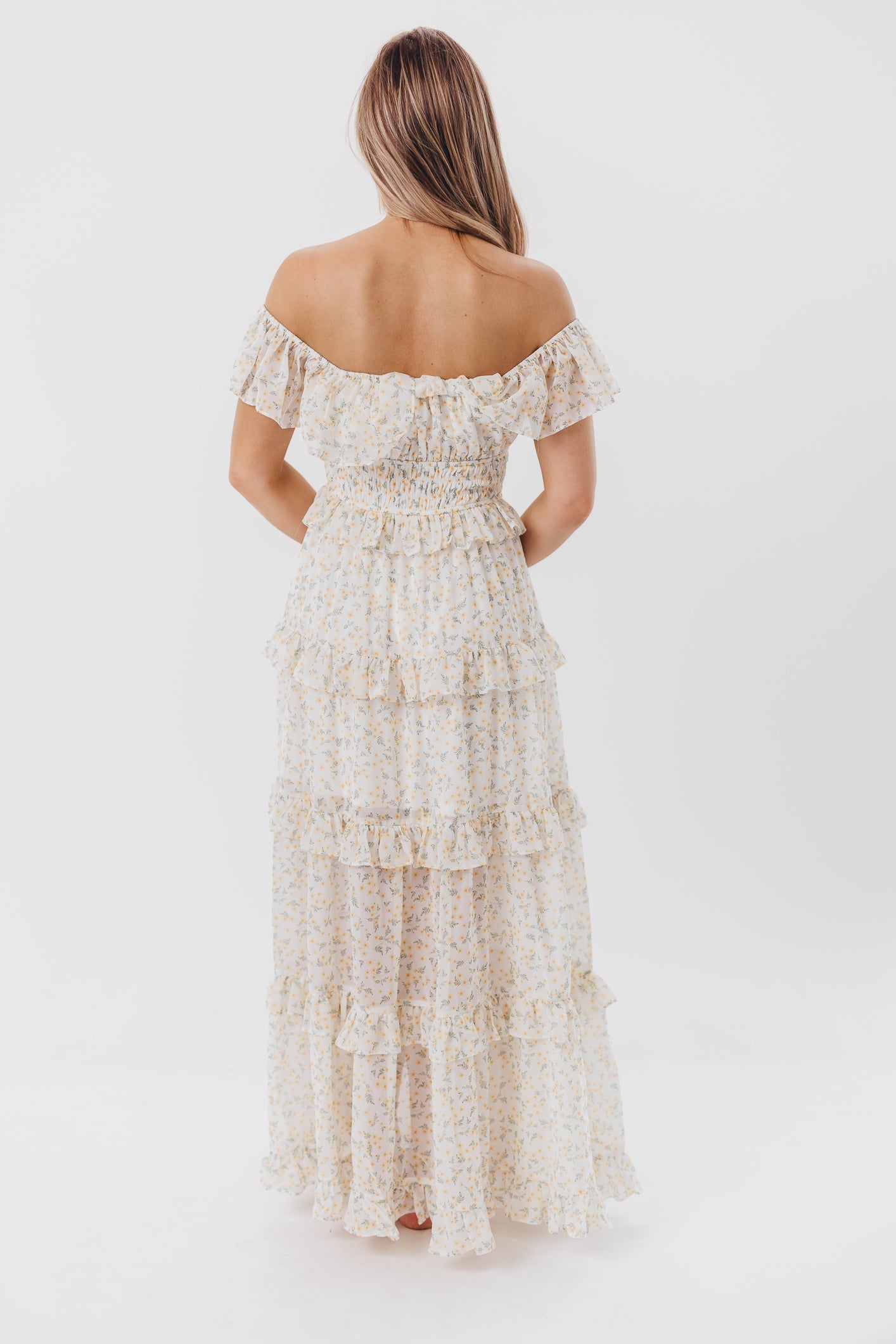 Astrid Ruffle Detail Maxi Dress in Yellow Floral  - Bump Friendly