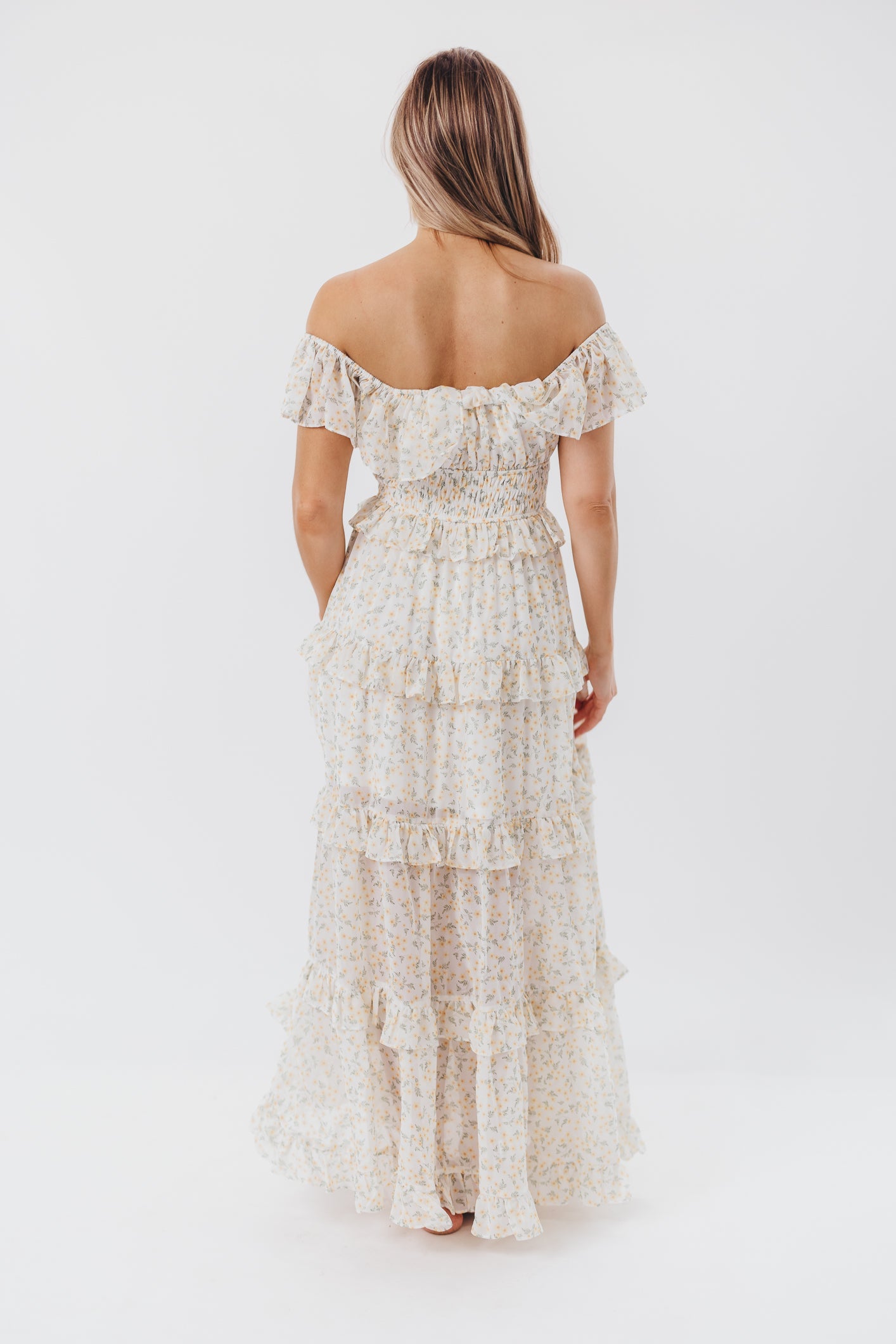 Astrid Ruffle Detail Maxi Dress in Yellow Floral  - Bump Friendly