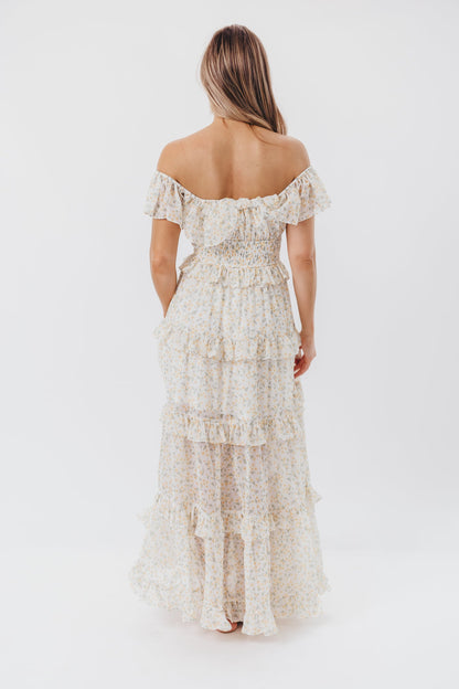 Astrid Ruffle Detail Maxi Dress in Yellow Floral  - Bump Friendly
