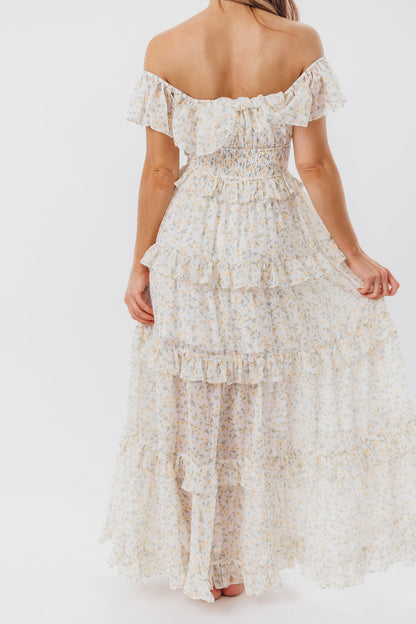 Astrid Ruffle Detail Maxi Dress in Yellow Floral  - Bump Friendly